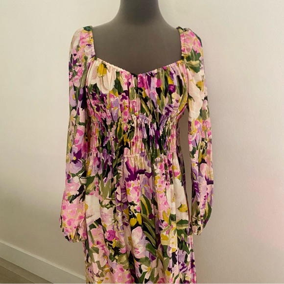 NWT H&M LONG BALLOON SLEEVE SMOCKED FLORAL SWEETHEART NECKLINE MIDI DRESS MEDIUM - Picture 3 of 10